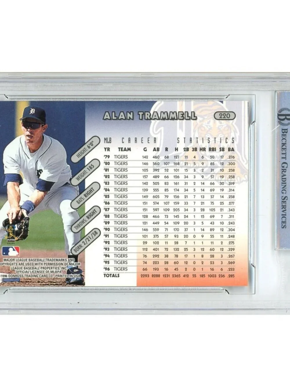 Alan Trammell Signed 1997 Donruss #220 Tigers Baseball Card Beckett BAS Slabbed